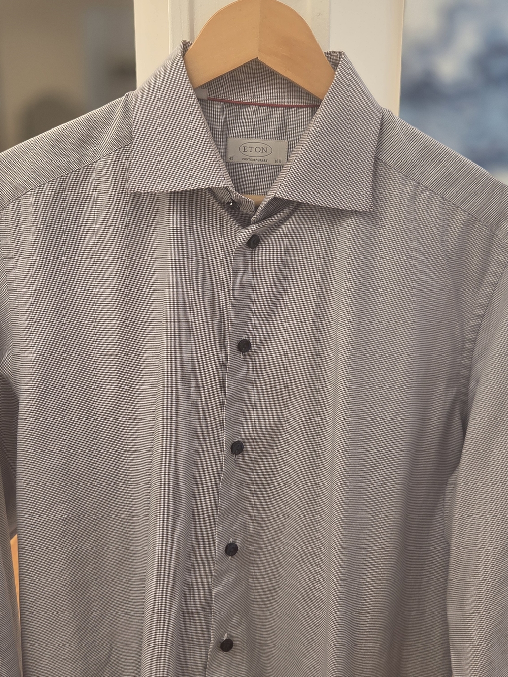 Eton Mens Gray Contemporary Fit Micro Grid Dress Shirt W/ Dark Blue Button 16.5R
